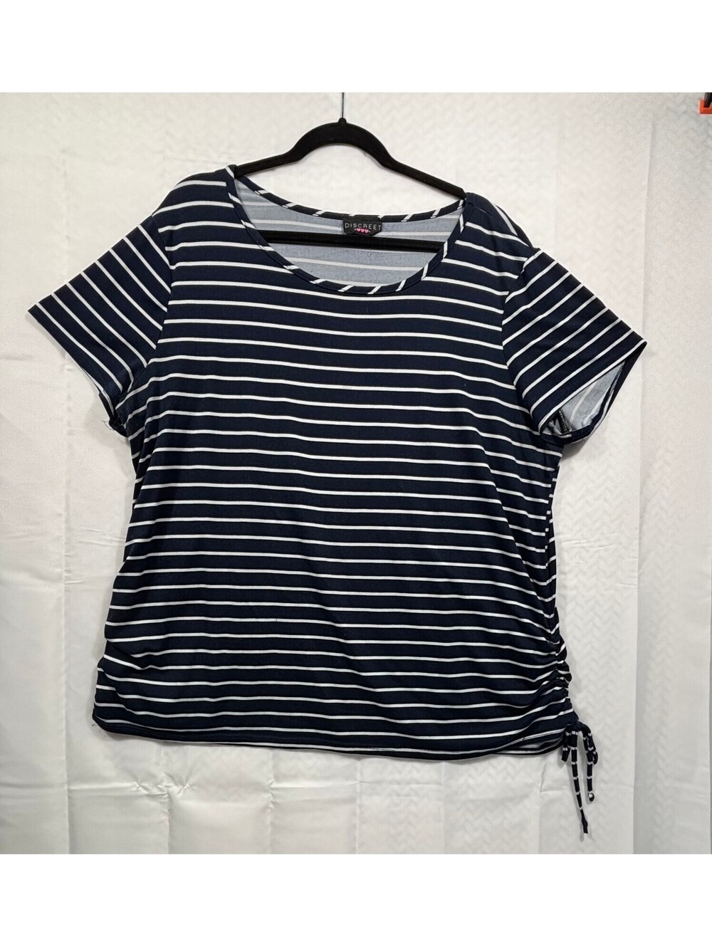 Discreet Navy Blue and White Striped Short Sleeve Top 3X